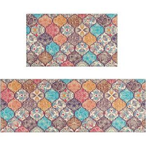 Boho Floral Kitchen Bath Rugs Mat Non-Slip Washable Runner 2pc